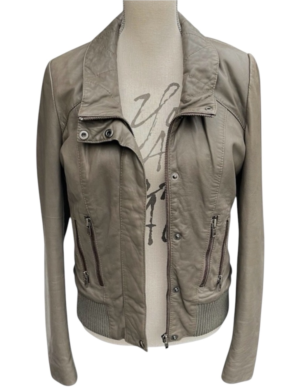Muubaa London Khaki Grey/Brown Leather/Ribbed Bomber Jacket (6/8)